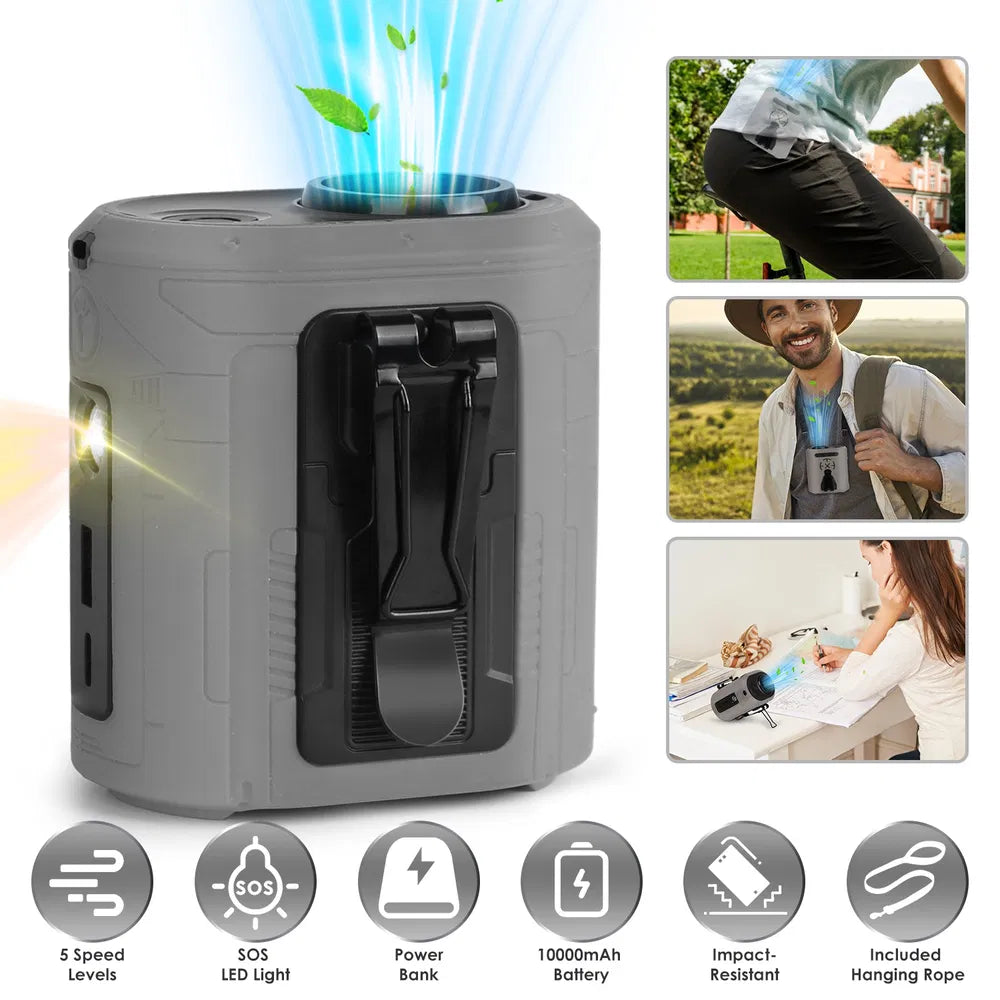 5 In 1 Portable Waist Clip Fan With 5 Speeds Flashlight 10000mAh Battery Operated Personal Wearable Turbo Belt Fan Hands-Free Neck Fan For Camping Travel Job Site