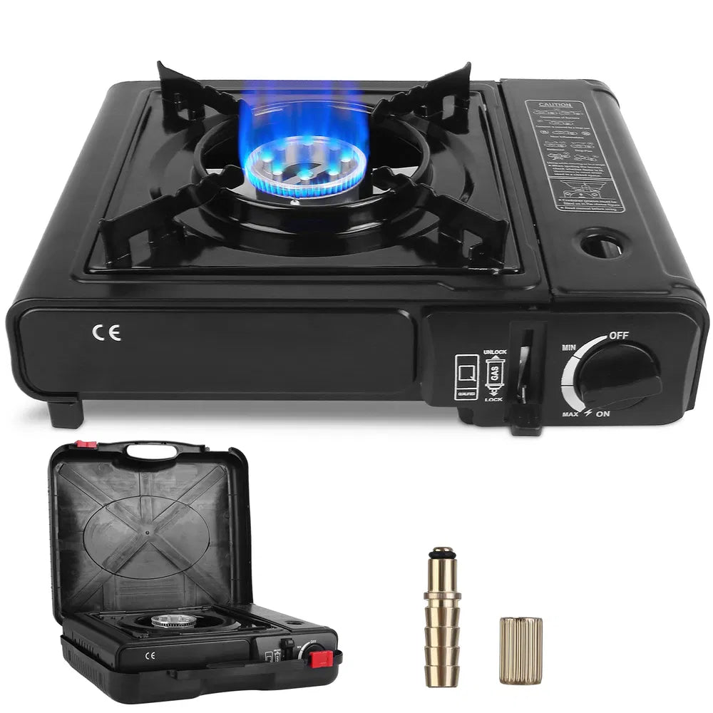 3300W Portable Camping Stove Butane Canister Dual Fuel Burner Piezo Electric Ignition Single Burner With Automatic Tank Ejection Overpressure Cut Off Carry Case