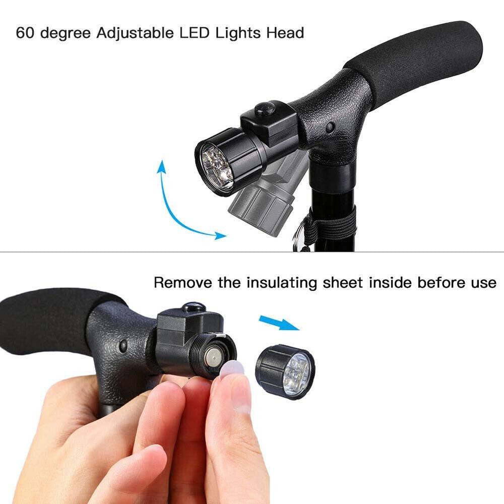 Folding LCD Walking Stick Cane With Flashlight For Senior Aluminium Travel Hiking Cane Trekking Pole Crutch Handle Strap 5 Gears